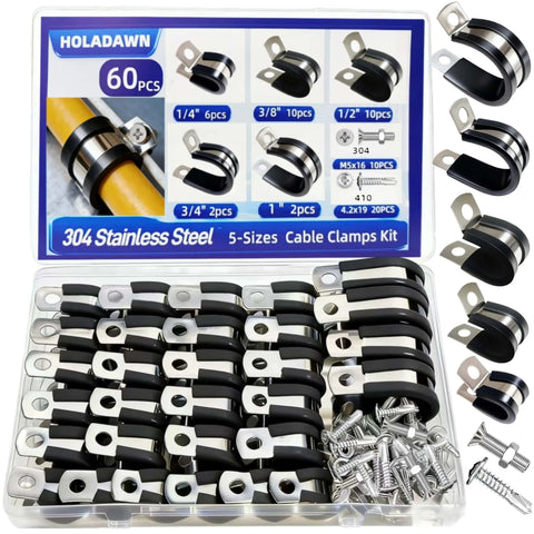 HOLADAWN 60-pc cable clamps kit in case; 304 stainless steel clamps with rubber cushions, five sizes (1/4"–1").