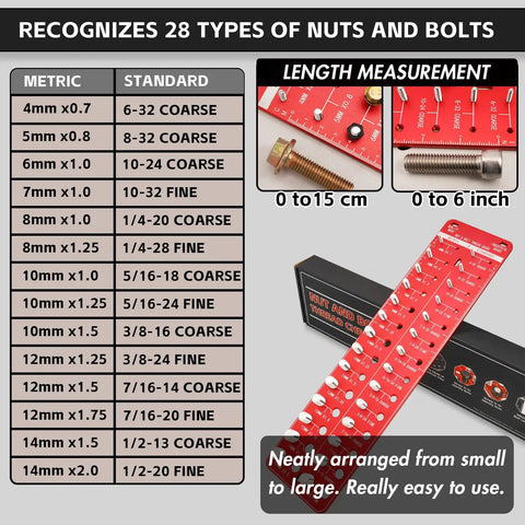Nut And Bolt Thread Checker For Standard And Metric Thread Sizes Screw Size Identifier Gauge That Quickly Sorts Out Up To 28 Bolts And Nuts In Red By GIMYUAN with measurements and size chart.