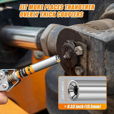 Grease Gun Coupler Set With Double Handle For Extra Reach And 90 Degree Adaptor One Eighth NPT Fittings And Cleaning Tool Plus Narrow Needle Dispenser For Jaw Type Couplers And High Pressure 12000 PSI Use With All Grease Guns Thinkwork used on machinery fitting, with close-up of 0.53 inch diameter coupler.