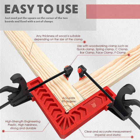 Set Of 8 90 Degree Corner Clamps For Woodworking, 3-Inch And 4-Inch ABS Corner Squares in use with wooden boards