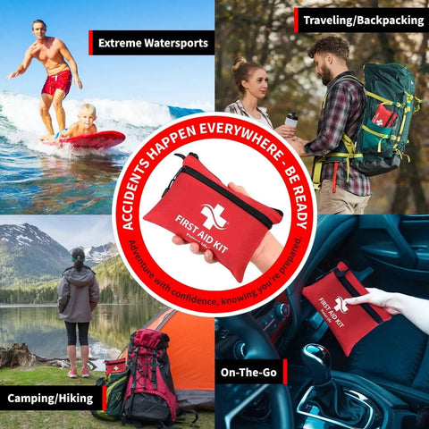 Collage of Go To 100 Piece First Aid Kit For Travel And Outdoors used in various activities like watersports, camping, and car trips.