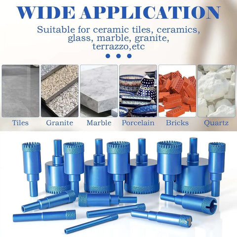 Pro Grade Diamond Tile Drill Bit Set 16 Pc Kit for porcelain, glass, ceramic, stone, granite, marble; blue drill bits