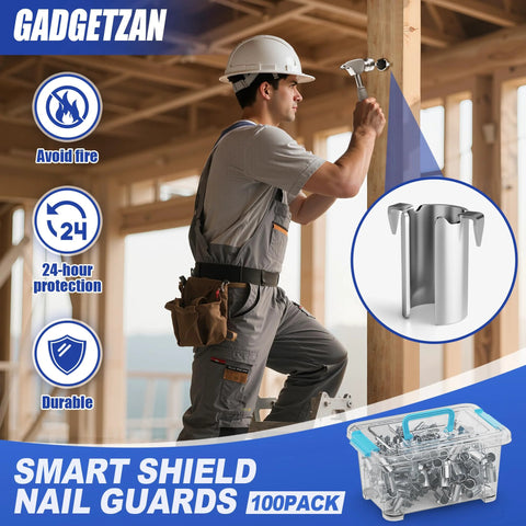 Gadgetzan Smart Shield Nail Guards 100-pack for electrical wiring; metal nail guard with dual flanges beside a tool box of nails.
