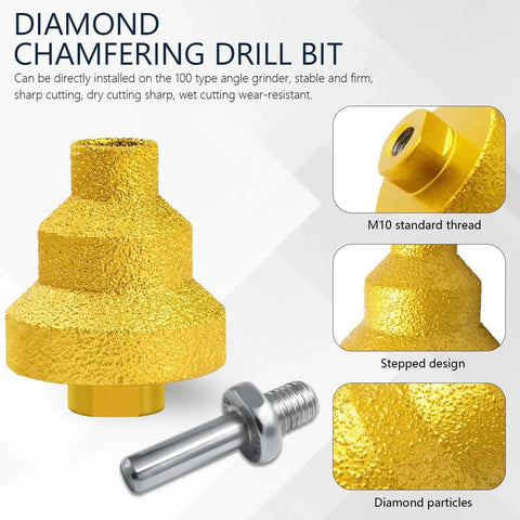 2 Pack 3 in 1 Diamond Step Core Drill Bit Set Featuring 20mm 35mm 50mm Holes with M10 Thread and Conversion Rod for Marble Tile Concrete Granite Quartzite Heavy Duty Diamond Coating for DIY and Pro Projects shown with diamond particles and M10 thread features