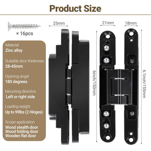 Hidden Door Hinges 2 Pack Black Low Profile Invisible Zinc Alloy Concealed Hinges 6 x 2 x 1.2 Inches 3 Way Adjustable