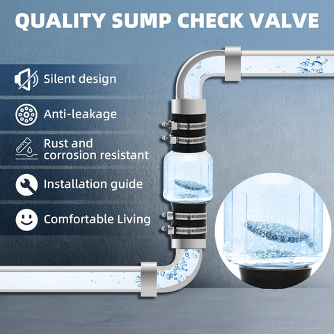 2 Inch Silent PVC Sump Check Valve with stainless clamps and spring-loaded flapper