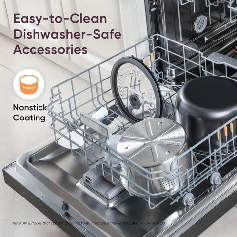 No Fuss 10 Cup Rice Cooker parts in dishwasher showing nonstick ceramic pot, lid, and steamer basket for easy cleaning.