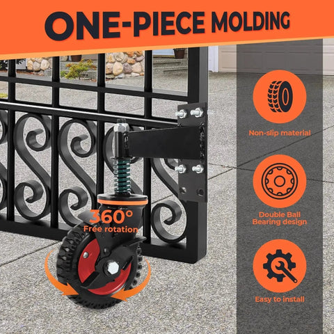 6 Inch Gate Wheels With Brake, 360 Degree Swivel, Spring Loaded Gate Rollers For Metal And Wood Gates installed on gate