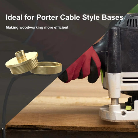 Precision Brass Router Template Bushing Guide Set, 11 Pcs With 1/4 Inch Shank Woodworking Router, shown with Porter Cable base.