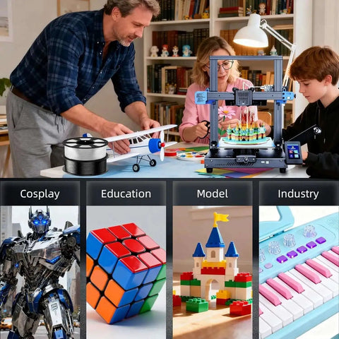 Family using 3D printer with Crystal Clear PLA Filament 1.75Mm 1Kg Spool for creating models and prototypes, showcasing versatility in cosplay and education.