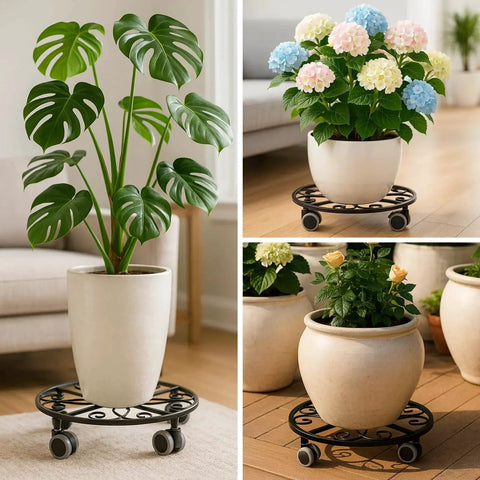 Three Pack Heavy Duty Plant Caddies with Wheels 11.8 Inch Metal Plant Dollies Rolling Stands in living room with potted plants on wheels