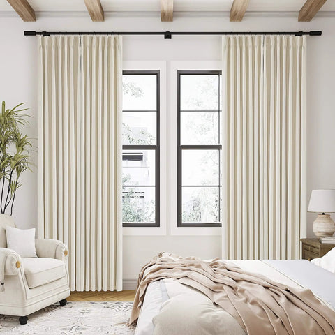Cozy Pleated Cream Beige Linen Blackout Curtains For Bedroom 90 Inch Length 2 Panels Pinch Pleat Back Tab installed in room