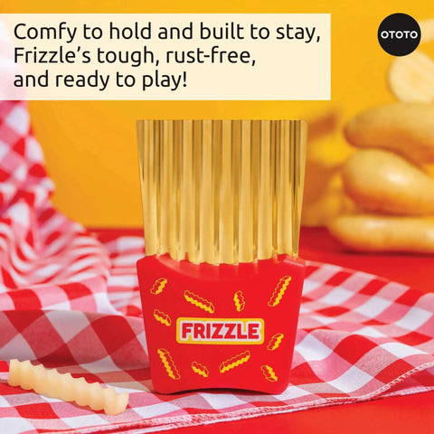 Frizzle Crinkle Fry Cutter Turns Potatoes Into Waffle Fries And Fun Veggie Crinkles For Easy Snacking And Party Ready Bites A Cool Quick Kitchen Gadget And A Quirky Gift OTOTO shown on a red checkered cloth with potatoes in the background.