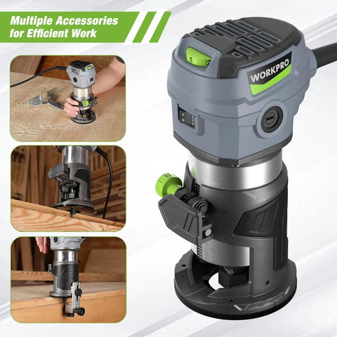 Compact Router Kit With 6.5 Amp Corded Hand Trimmer For Woodworking, Six Variable Speeds From 12,000 To 30,000 RPM, Precision Rack And Pinion Depth Adjustment, Ideal For Slotting And Trimming WorkPro showing side view and close-up usage examples