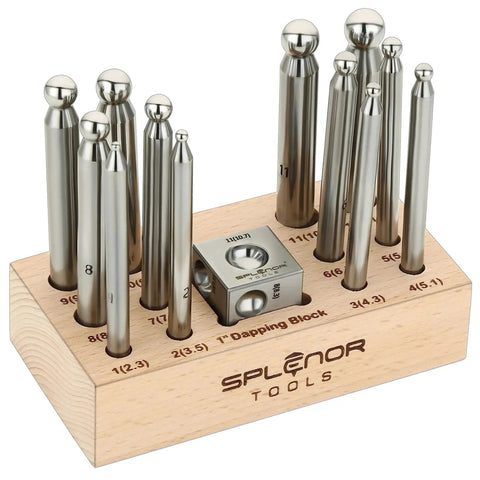 1 Inch Square Dapping Block With 12 Dapping Punches Set For Jewelry Making with wooden stand, steel tools displayed on a holder