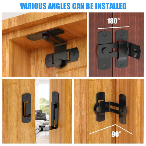 90 Degree Flip Barn Door Lock For Privacy And Security 304 Stainless Steel Gate Latch installed on wood door at various angles