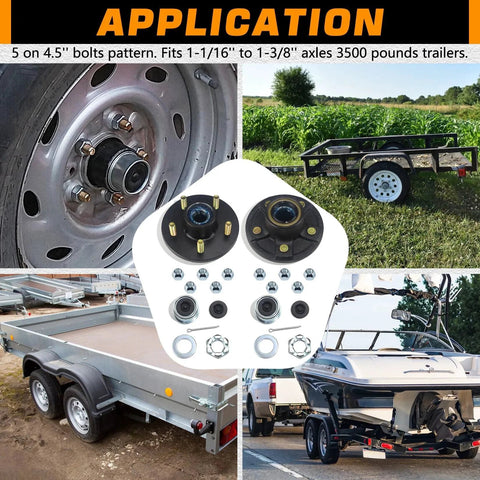 Two Pack Heavy Duty Trailer Hub Kit for 3500 Lb Trailers 5 Lug 4.5 Inch Bolt Pattern Fits Tapered EZ Lube Spindle application showcase.