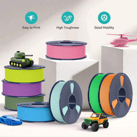 Colorful 3D printer filament spools displayed with toy models, highlighting easy to print, high toughness, and good mobility features.