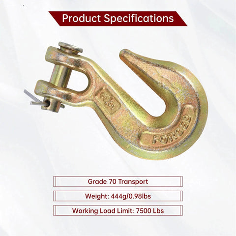 2 Pack 3/8 Inch Clevis Grab Hooks Grade 70 Chain Hook 7500 Lbs WLL Yellow Zinc showing product specifications.