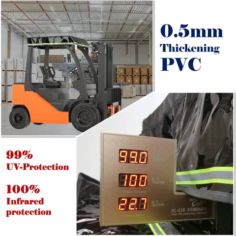 Forklift with Roof Top Cover Black Transparent PVC 0.5mm Uv Shield 47W X 45L installed, showing UV protection features.