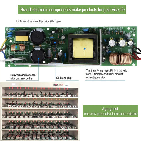 Heavy Duty 200W IP67 Waterproof LED Power Supply 90V To 130V AC To 12V DC Transformer With 3 Prong Plug circuit board and testing.