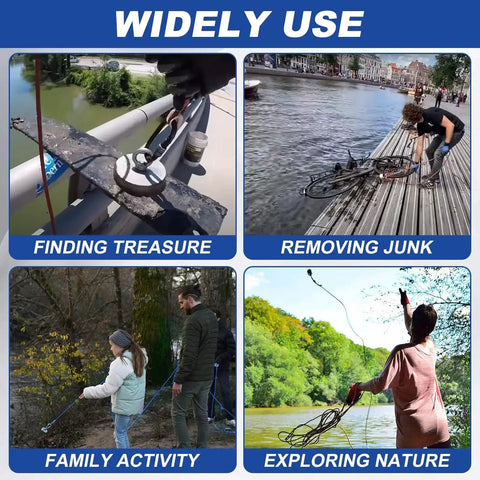 Various uses of Fishing Magnet Kit 800 Lb Pulling Power With 65 Ft Nylon Rope For Salvage including treasure hunting and junk removal