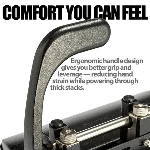 Close-up of ergonomic handle on adjustable 2 or 3 hole punch for home office use 32 sheet capacity dual hole settings built in paper guide