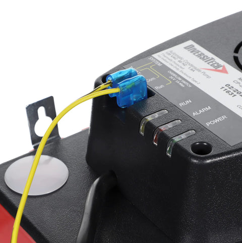 Diversitech ULTRACP-22 condensate pump control box with blue plug-in connector and yellow wires.