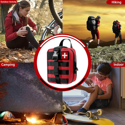 293 Piece First Aid Kit Set With MOLLE Pouches For Outdoor Activities And Travel In Red featured with diverse usage scenarios