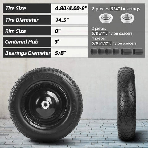 Flat Free Wheelbarrow Tire And Wheel Set, 14.5 Inch Solid Wheel With 3 Inch Hub, Universal Replacement For 4.80 By 4.00-8. Side and front view showing dimensions and parts.