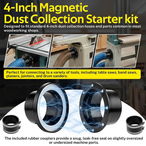 4 Inch Magnetic Dust Collection Kit With 1 Magnetic Connector 2 Steel Port Receivers 2 Rubber Hose Couplers 2 Bungee Ball Cords One To Multi System For Woodworking Shop Dust Collection, shown with components and connectivity applications.