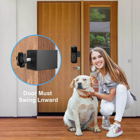 Anti Theft Adhesive Doorbell Mount Bracket For Video Doorbell No Drilling installed on inward swinging door with woman and dog