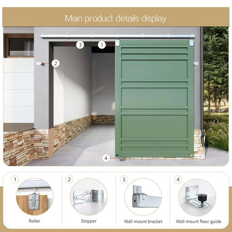 Heavy Duty 10 Foot Galvanized Outdoor Sliding Barn Door Hardware Kit With 450 Lb Capacity Exterior Track System Built For Weatherproof Outdoor Use Fits One Door Up To 60 Inches Wide Built Tough For Any Weather installed on an exterior garage with green door