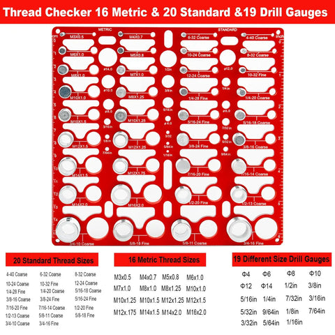 Nut And Bolt Thread Checker Gauge Kit With 55 Size Finder, 19 Drill Gauges, 16 Metric And 20 Standard Sizes, Wall Mountable Bolt Size And Thread Gauge For Quick ID And ANSI Go No Go Pro Grade, top view showing sizes and drill holes