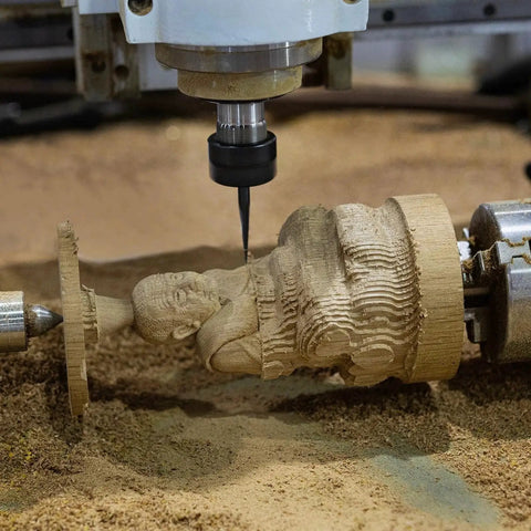 CNC machine carving wood with CNC V Bit Set 5 Piece 20 Degree Point One Millimeter Tip One Eighth Inch Shank Carbide End Mills