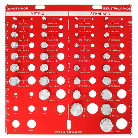 Pro Grade Nut And Bolt Thread Checker With Inch And Metric Gauge Aluminum Alloy Precision Tool For Identifying Thread Size Go No Go ANSI Class 2B Standards 34 Nut And Bolt showing metric and standard sizes.