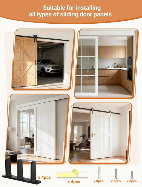 Closet Door Floor Guide Kit 4 Pack For 1-3/8 Inch Doors Universal Fit Keeps Sliding Doors Stable And Quiet On The Track With Durable Plastic Guides Two Mounting Options Includes 8 Screws With Anchors And 4 Adhesive Pads Black installed on various sliding doors