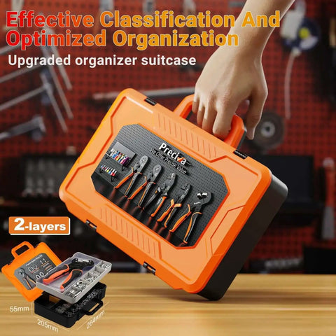 Hand holding an orange tool organizer with pliers set, labeled 'Effective Classification and Optimized Organization'.