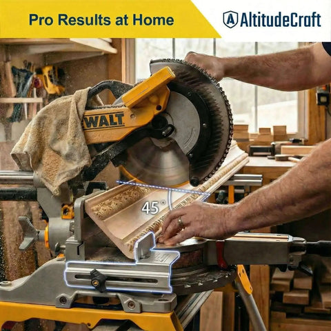 Crown Stops For Miter Saw That Make 45 Degree Crown Cuts A No Brainer Heavy Duty Crown Molding Jig By AltitudeCraft in use on DEWALT Saw