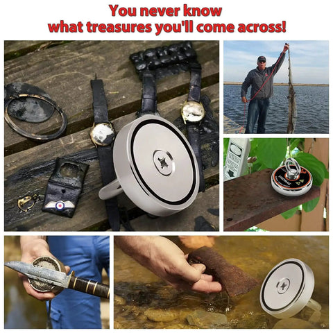 Neodymium Fishing Magnets Kit With 500 Lb Pull For River Magnet Fishing showcasing magnet, rope, and discovered artifacts.