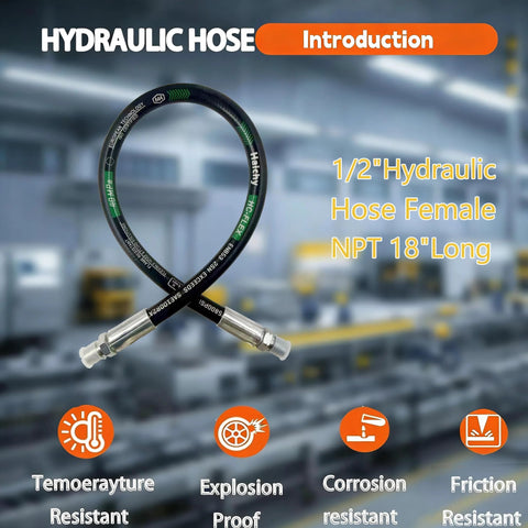 Haichy 1/2-inch hydraulic hose, black with green markings, 18 inches long, with NPT fittings on both ends.