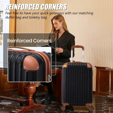 Woman with Road Ready Five Piece Luggage Set With Wheels Featuring Durable ABS Hard Shell TSA Lock and Spinner Wheels by Cosbarn