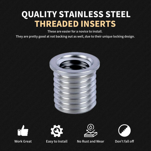 Stainless steel threaded insert from Beefy Heavy Duty Three Eighths By Sixteen SAE Thread Repair Kit in front of descriptive benefits.
