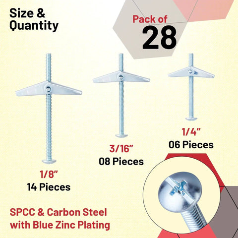 28Pcs Toggle Bolts For Drywall Kit With Butterfly Wing Nuts And Screws, showing zinc-plated steel in 1/8, 3/16, 1/4 inch sizes.