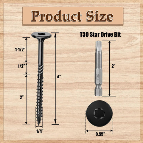 Beefy Heavy Duty Structural Lag Screws For Wood, 25 Pack, Size 14 By 4 Inch, Black Coated Rust Resistant Finish shown with bit