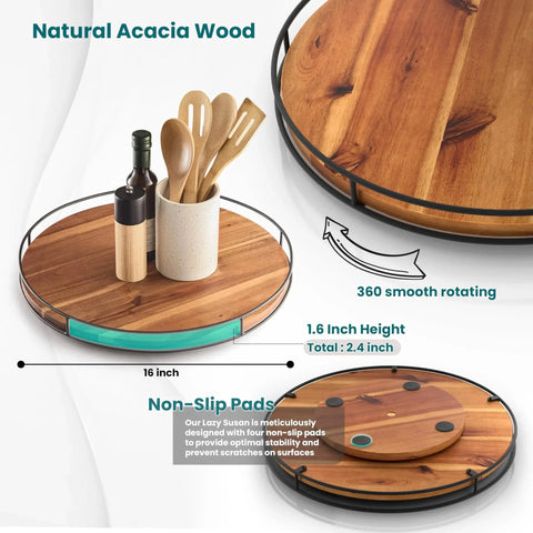 Acacia Wood 16 Inch Lazy Susan Turntable With Sturdy Metal Frame For Kitchen Countertop Organization Large Rotating Serving Tray For Charcuterie Boards And Cheese Displays