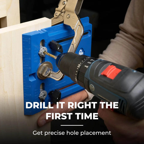 Portable Cabinet Hardware Jig With Edge Guide For Knobs And Small Pulls in use with drill, showcasing boss level accuracy.