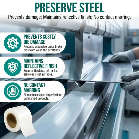 Urethane Die Protection Film for Press Brake Guards, shows application on metal sheet, highlighting anti-marring and die protection benefits.