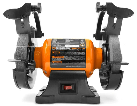Front view of Beast Of A 6 Inch Bench Grinder With 2.1 Amp Motor 3450 RPM Includes 60 Grit And 36 Grit Wheels One Half Inch Arbors