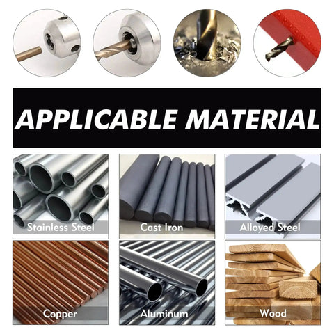Collage showing materials like stainless steel, cast iron, alloyed steel, suitable for Heavy Duty 1/8 Inch Cobalt Drill Bits Set M35 HSS.